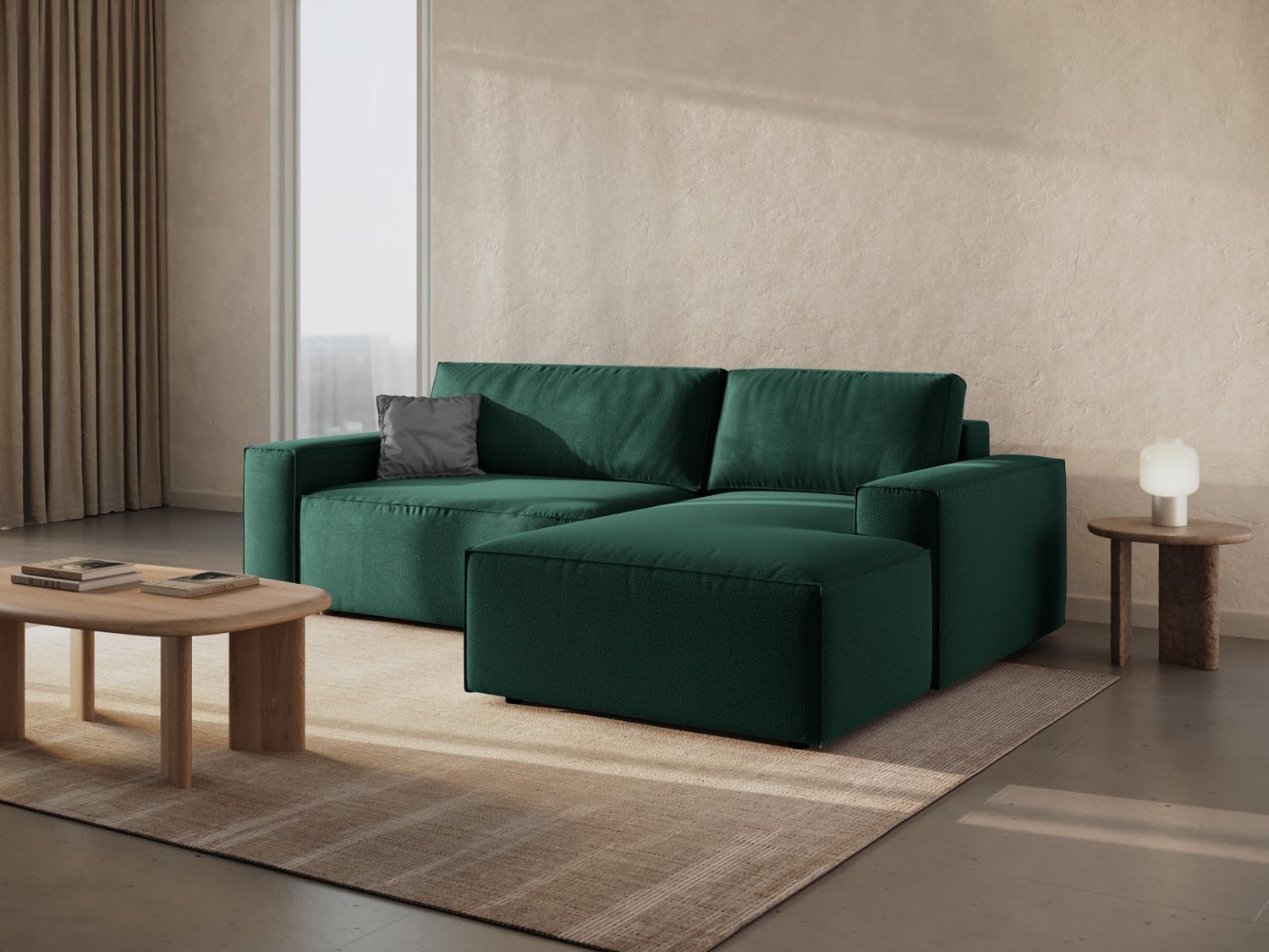Elegantes Jodie Ecksofa in Grün mit Schlaffunktion und Stauraum, ideal für stilvolle Wohnräume und gemütliche Nächte.