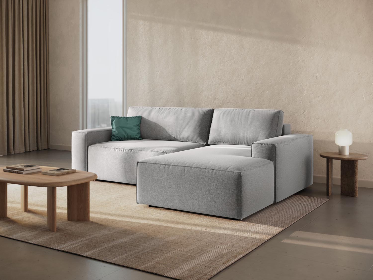 Jodie Ecksofa rechts mit Schlaffunktion und Stauraumbox 3 Sitzer in Light Grey-Megan präsentiert im Onlineshop von KAQTU Design AG. Bettsofa rechts ist von Micadoni