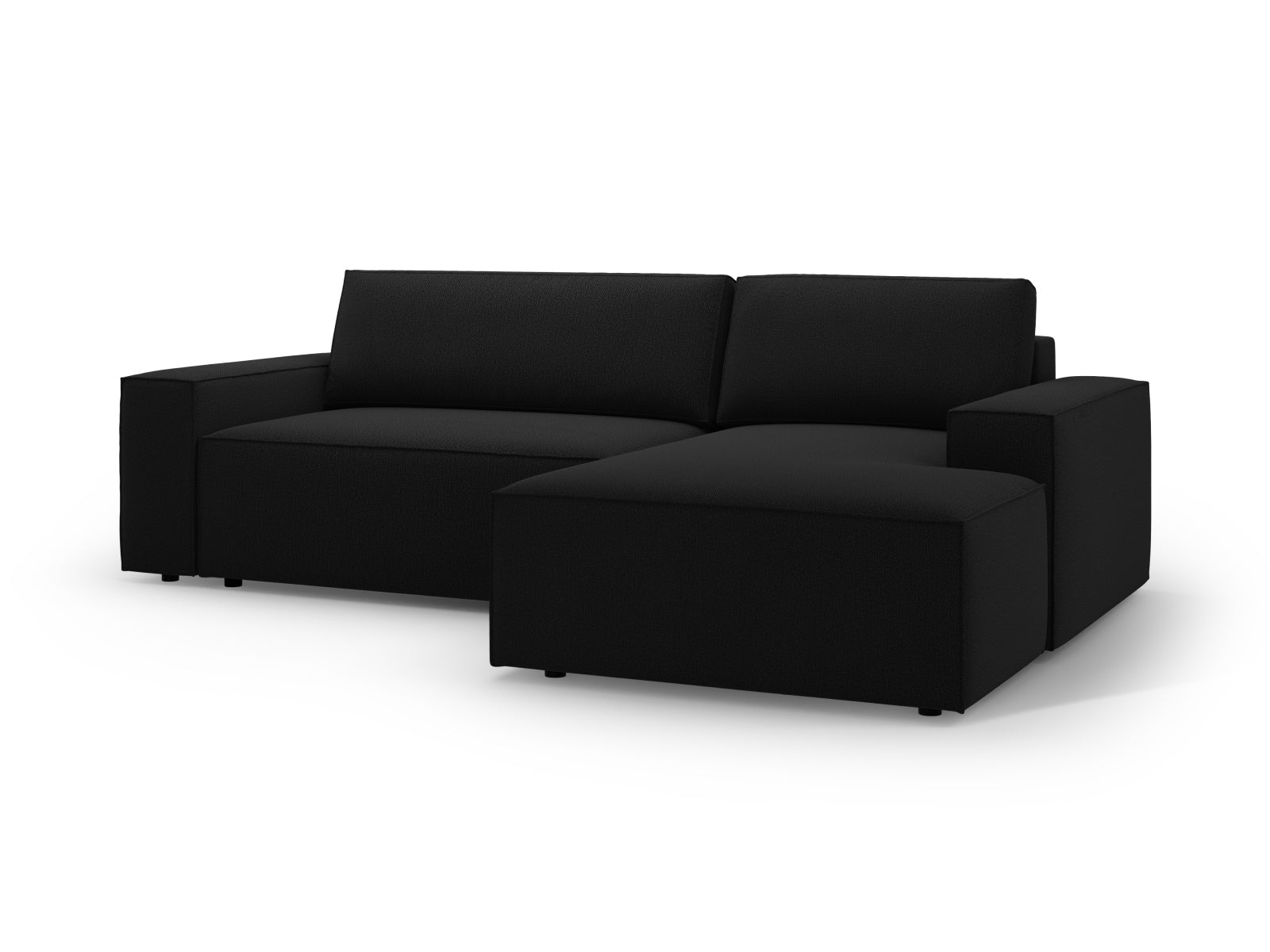 Modernes Jodie Ecksofa in Schwarz, 3-Sitzer mit praktischer Schlaffunktion und Stauraum, ideal für gemütliche Wohnräume.
