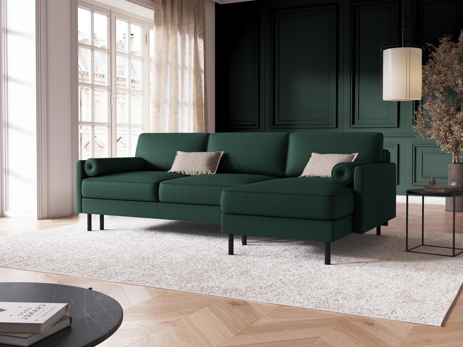 Stylisches Scott Ecksofa in Grün mit Schlaffunktion und Stauraum, ideal für moderne Wohnräume und gemütliche Nächte.