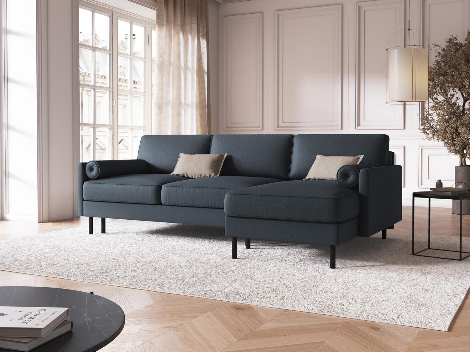 Stylisches Scott Ecksofa in Blau mit Schlaffunktion und Stauraum, ideal für moderne Wohnräume und gemütliche Nächte.
