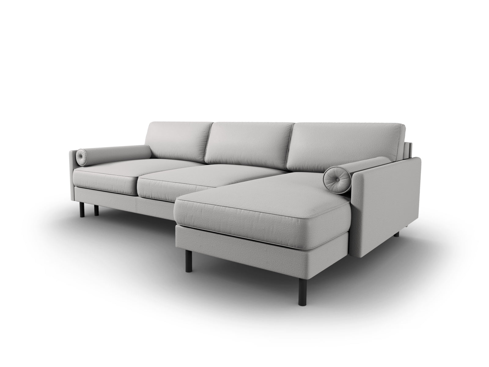 Modernes Scott Ecksofa in sanftem Grau, 5-Sitzer mit cleverer Schlaffunktion und praktischem Stauraum, ideal für gemütliche Wohnräume.