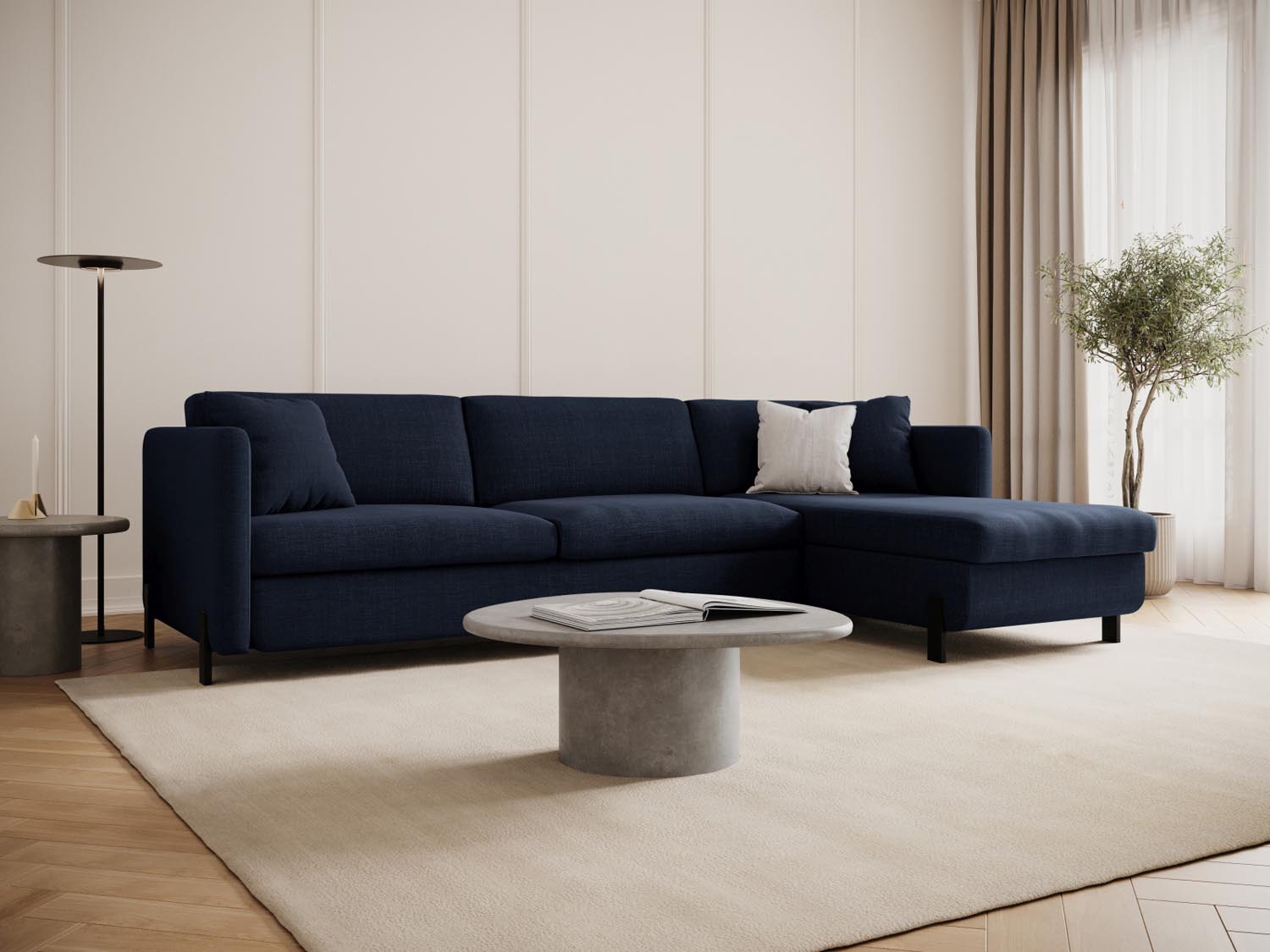Gemütliches Gloria Ecksofa in Blau mit Schlaffunktion und Stauraum, ideal für moderne Wohnräume und entspannte Abende.