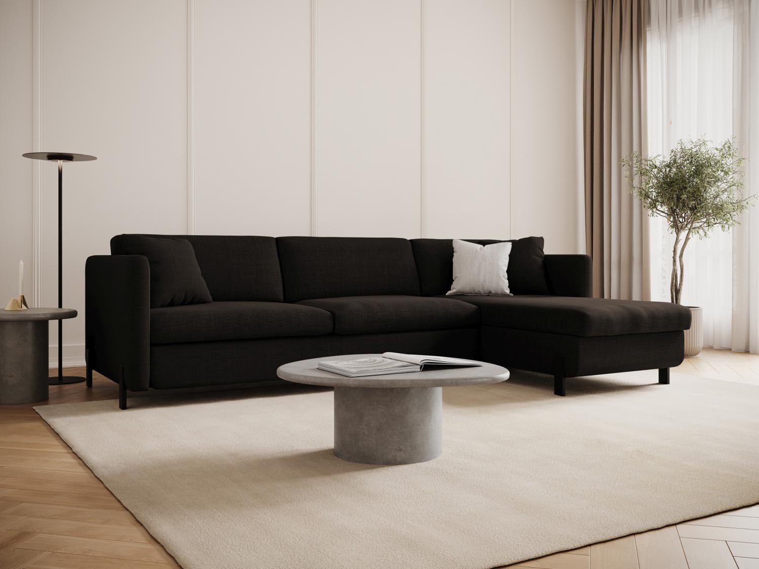 Stylisches Gloria Ecksofa in Dunkelgrau, 4-Sitzer mit Schlaffunktion und Stauraum, ideal für moderne Wohnräume.