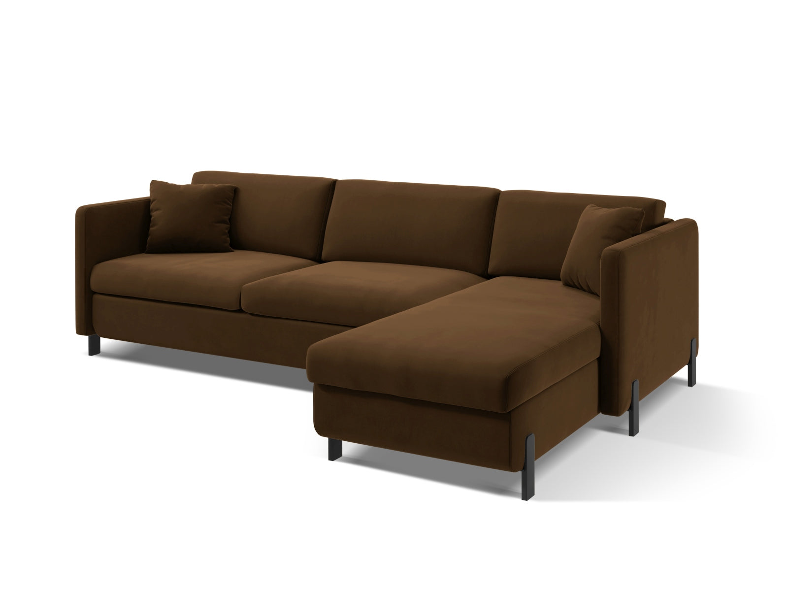 Modernes Ecksofa Gloria in Velours, braun, bietet komfortable Schlaffunktion und Stauraum, perfekt für gemütliche Wohnzimmer.