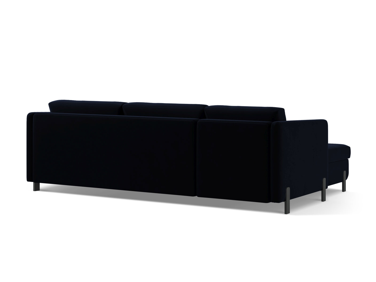 Elegantes, blaues Velour Ecksofa Gloria, rechtsseitig, bietet Schlaffunktion und Stauraum für stilvolle Wohnlösungen.