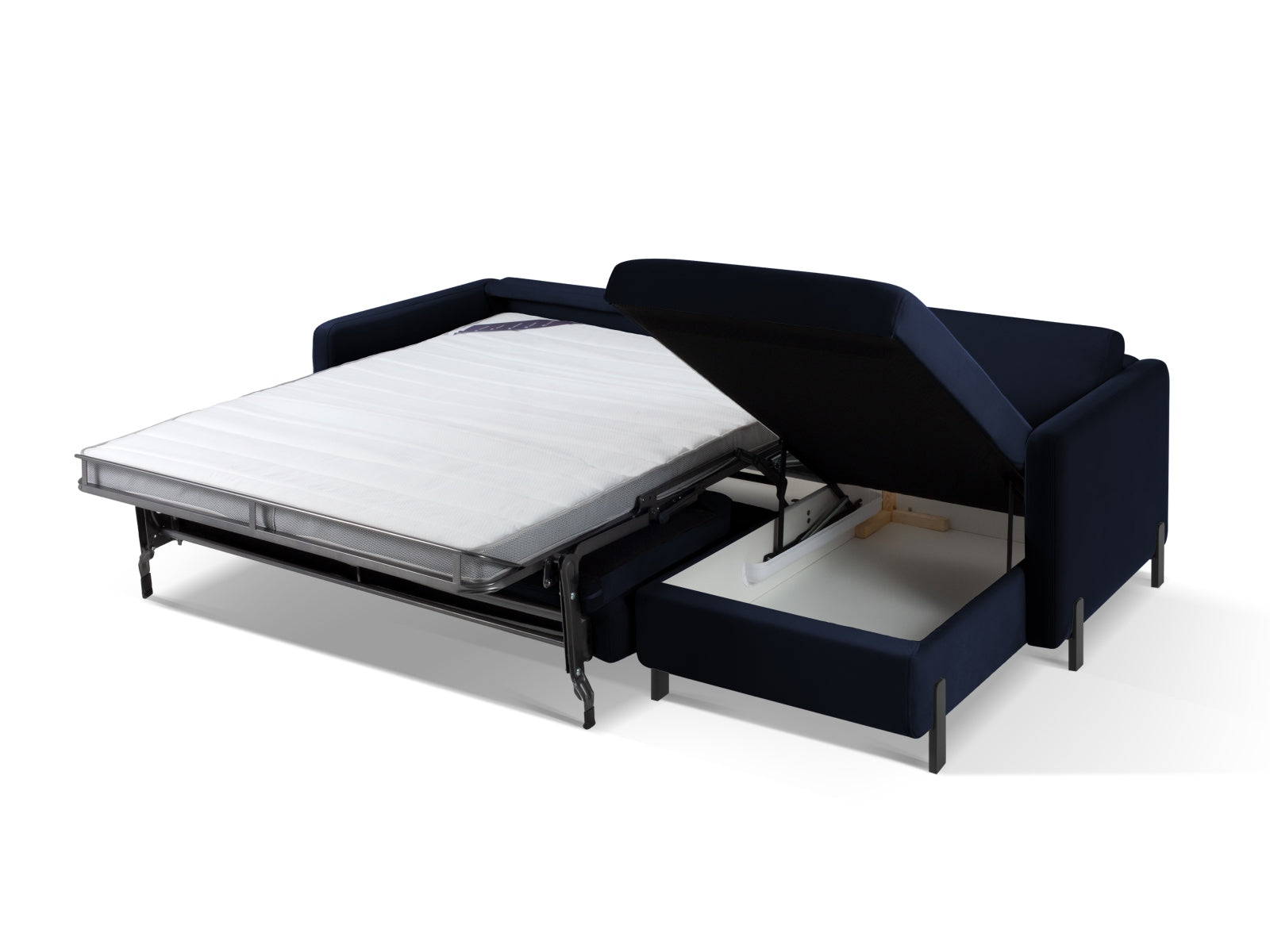 Modernes, blaues Velour Ecksofa Gloria, rechts, mit praktischer Schlaffunktion und integriertem Stauraum für vielseitige Nutzung.