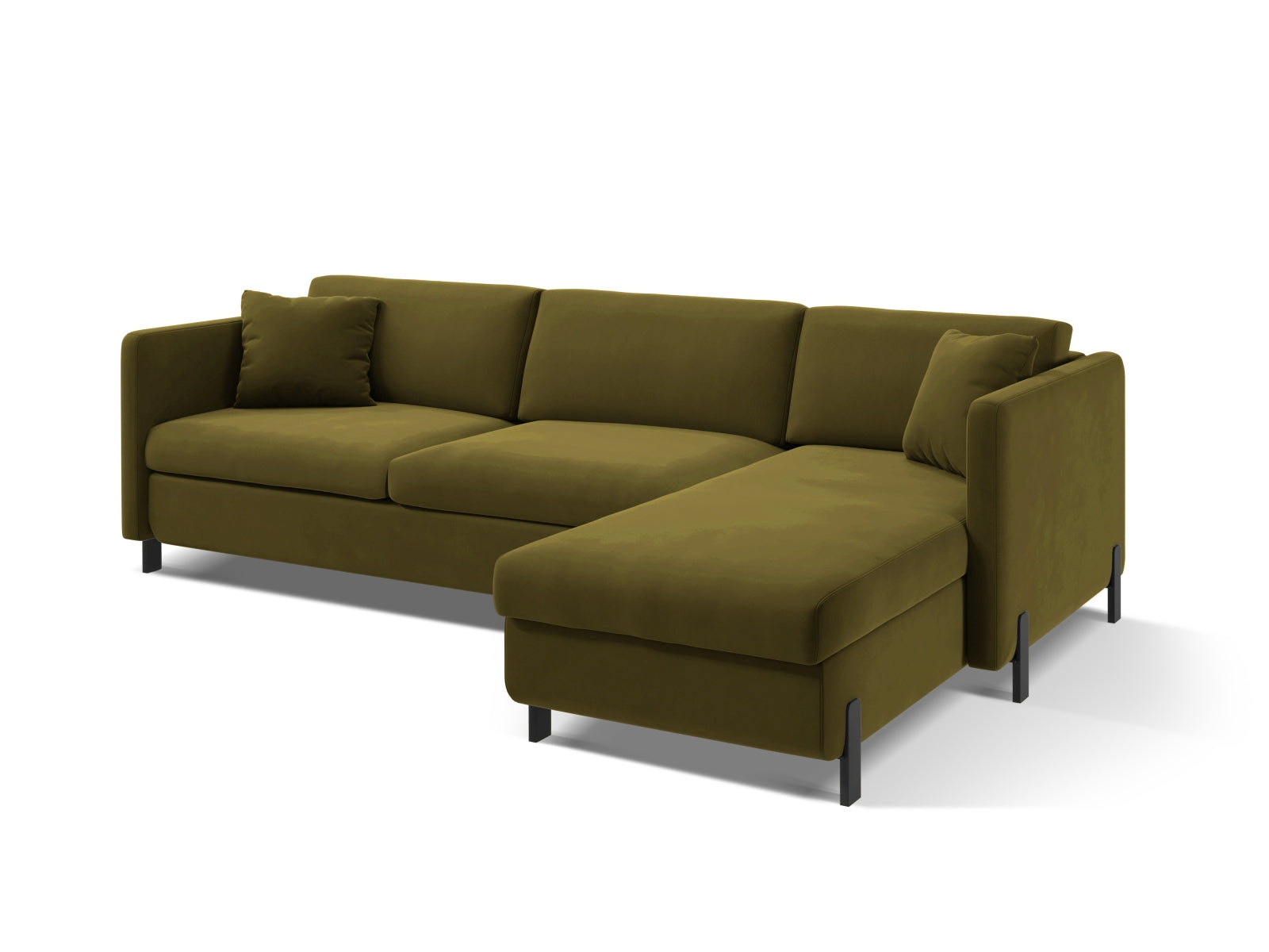 Modernes Ecksofa Gloria in Veloursgrün, rechtsseitig, bietet Schlafgelegenheit und praktischen Stauraum für Ihr Zuhause.