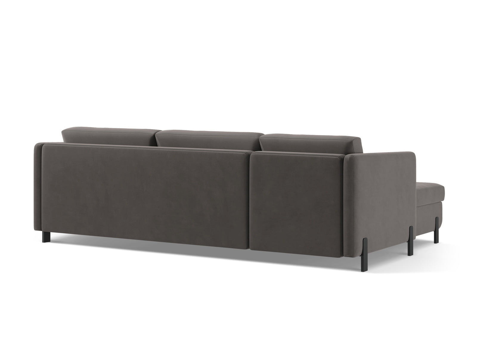 Elegantes graues Velours Ecksofa Gloria, rechtsseitig, bietet Schlaffunktion und Stauraum für zusätzlichen Komfort und Funktionalität.