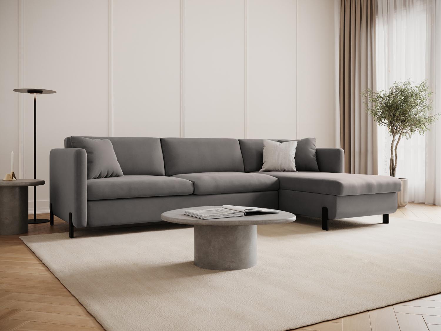 Elegantes Gloria Velour Ecksofa in Grau, ideal für Wohnräume, bietet Schlaffunktion und Stauraum für zusätzlichen Komfort.
