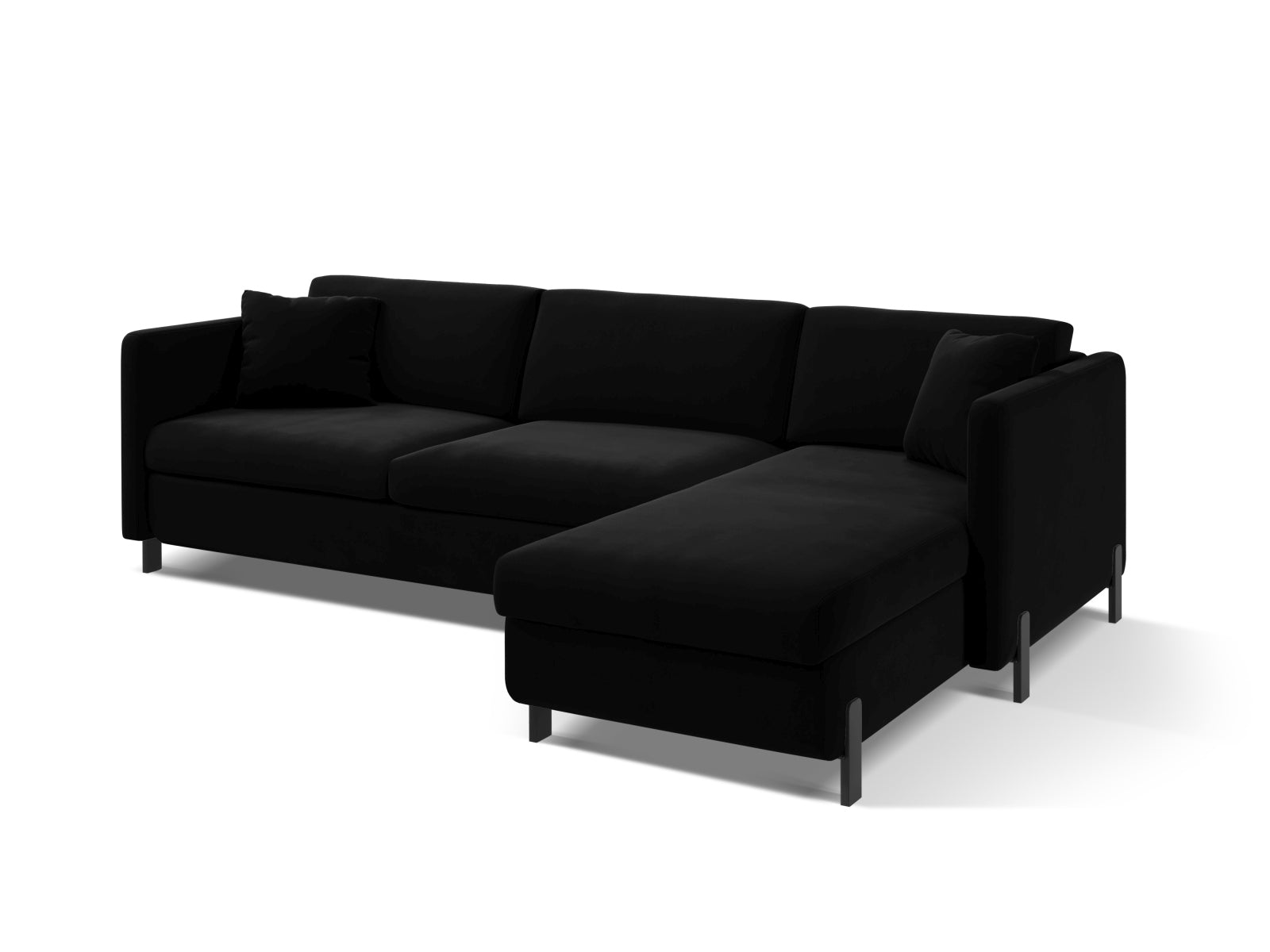 Modernes schwarzes Ecksofa Gloria aus Velours, rechtsseitig, bietet Schlafgelegenheit und praktischen Stauraum für Ihr Zuhause.