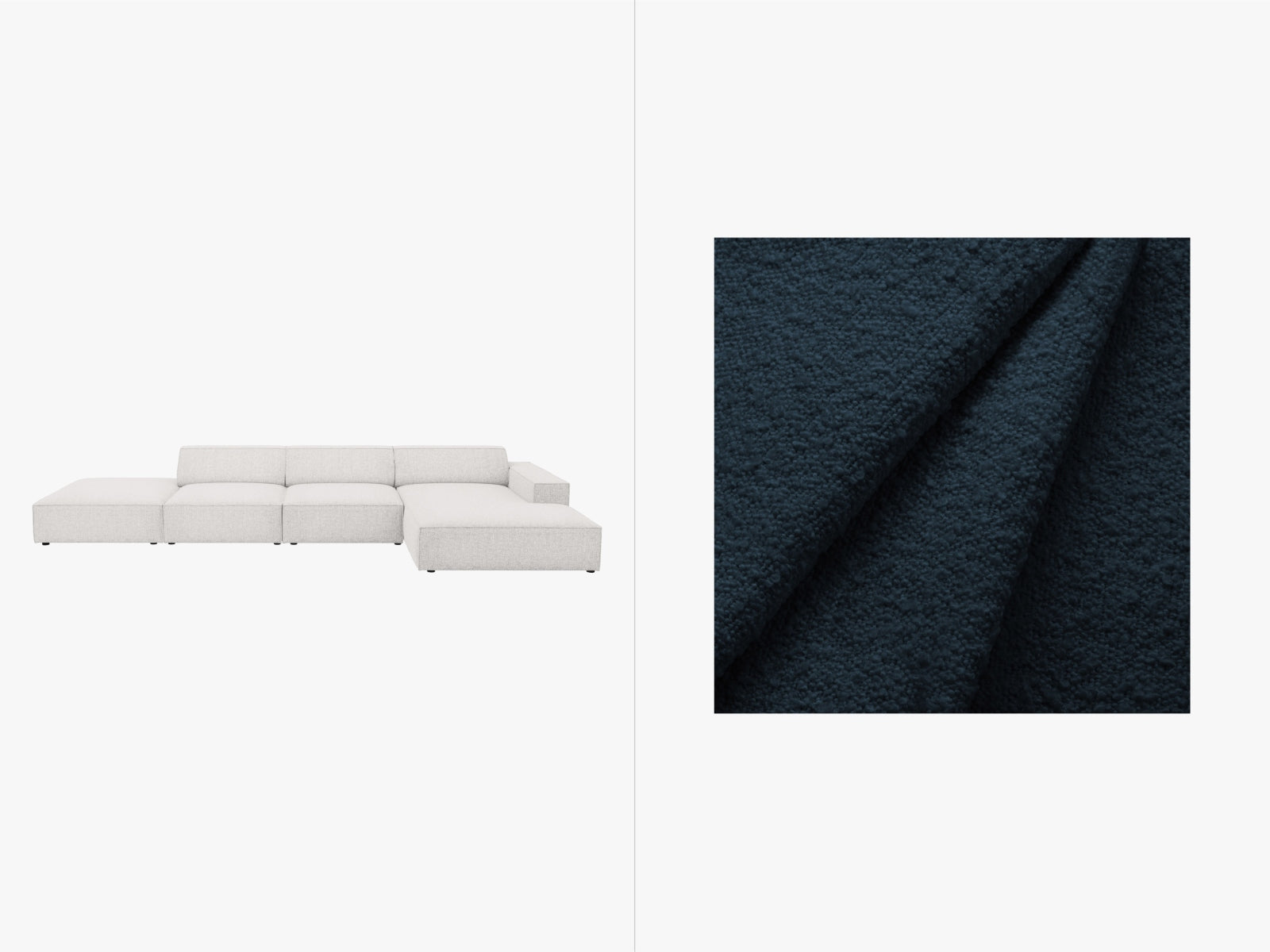Elegantes, modulares 5-Sitzer Ecksofa Jodie Boucle von Micadoni, ideal für stilvolle Wohnräume, mit weichem Boucle-Stoff und rechter Anordnung.