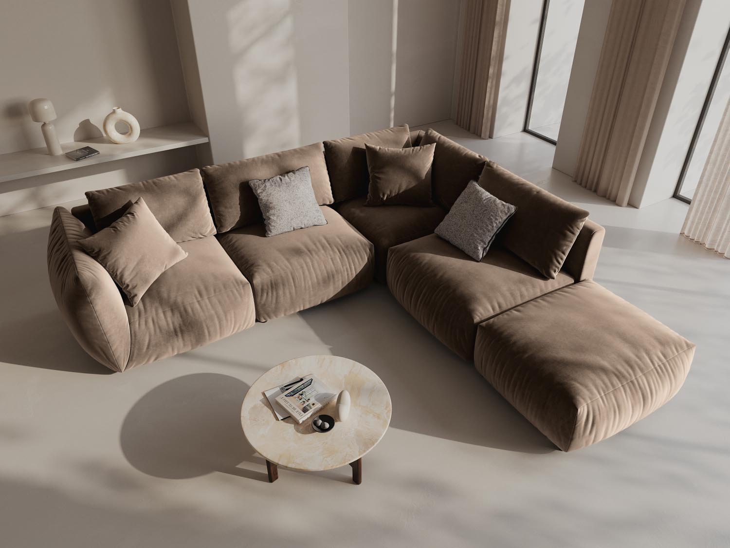 Chris Velour Modular Ecksofa rechts 4 Sitzer in Light Brown-Casino präsentiert im Onlineshop von KAQTU Design AG. Ecksofa rechts ist von Micadoni