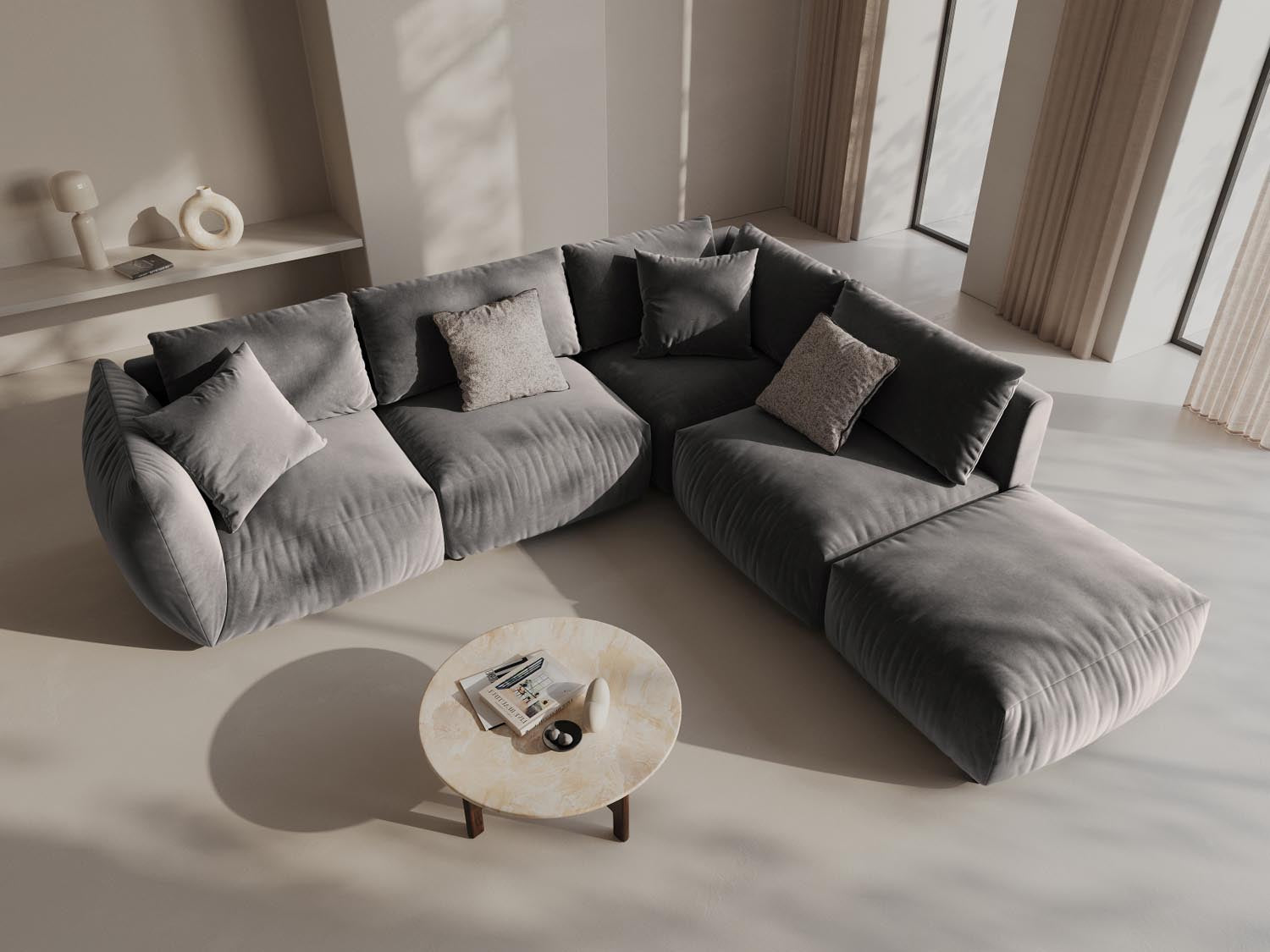 Chris Velour Modular Ecksofa rechts 4 Sitzer in Grey-Casino präsentiert im Onlineshop von KAQTU Design AG. Ecksofa rechts ist von Micadoni