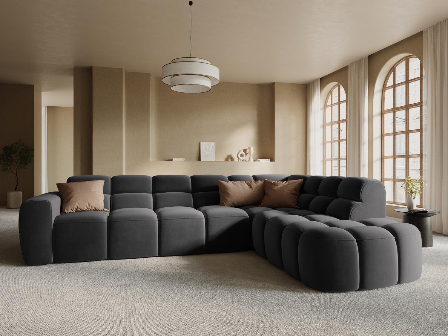 Erleben Sie das stilvolle Lisa Velour Ecksofa rechts von Micadoni. Dieses 5-Sitzer Sofa vereint Komfort und modernes Design für Ihr Wohnzimmer.
