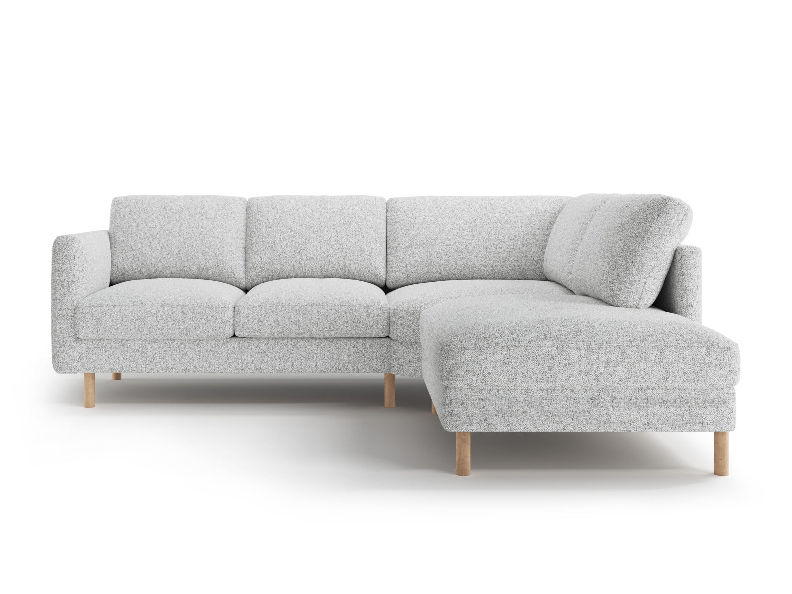 Elegantes Eden Ecksofa rechts für 4 Personen in sanftem Grau, perfekt für gemütliche Abende und modernes Wohndesign von Micadoni.