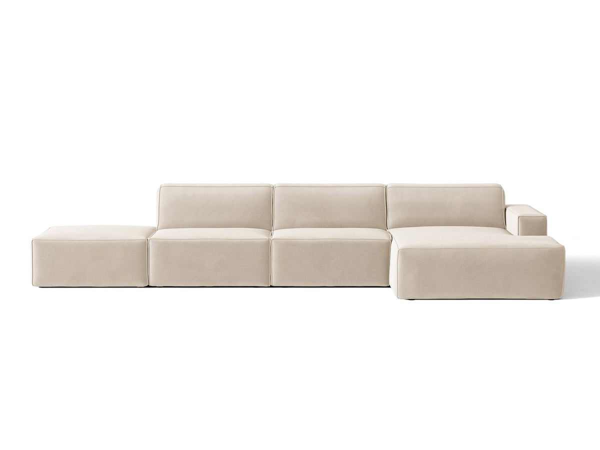 Ecksofa rechts Jodie von Micadoni in Leichtes beige mit Samtstoff-Bezug Venus, modulare Bauweise und schwarzen Kunststoffbeinen.