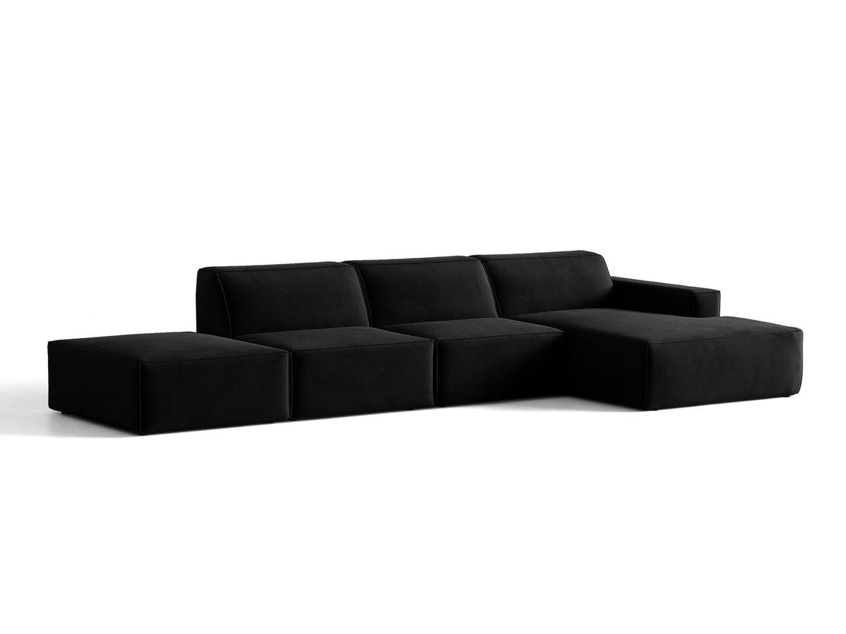 Ecksofa rechts Jodie von Micadoni in Leichtes beige mit Samtstoff-Bezug Venus, modulare Bauweise und schwarzen Kunststoffbeinen.