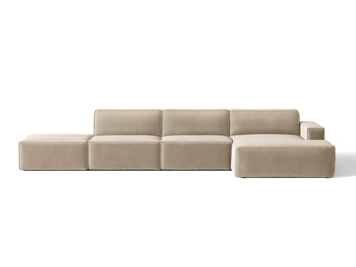 Ecksofa rechts Jodie von Micadoni in Leichtes beige mit Samtstoff-Bezug Venus, modulare Bauweise und schwarzen Kunststoffbeinen.