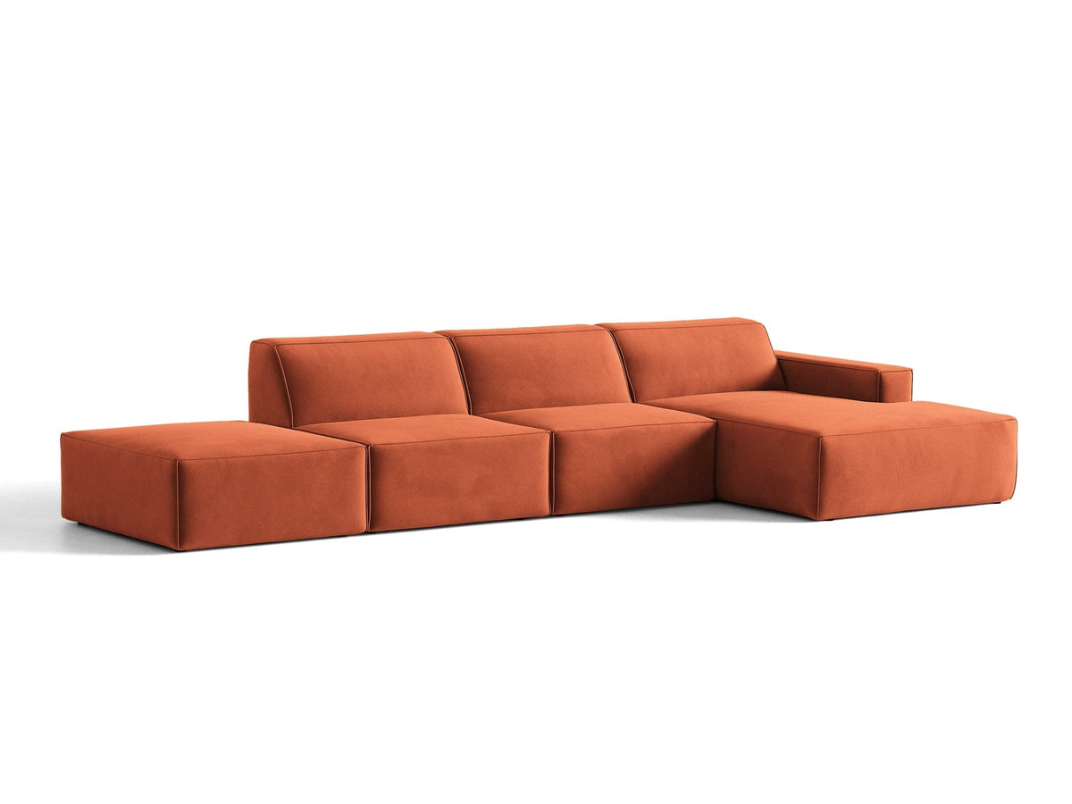 Ecksofa rechts Jodie von Micadoni in Leichtes beige mit Samtstoff-Bezug Venus, modulare Bauweise und schwarzen Kunststoffbeinen.