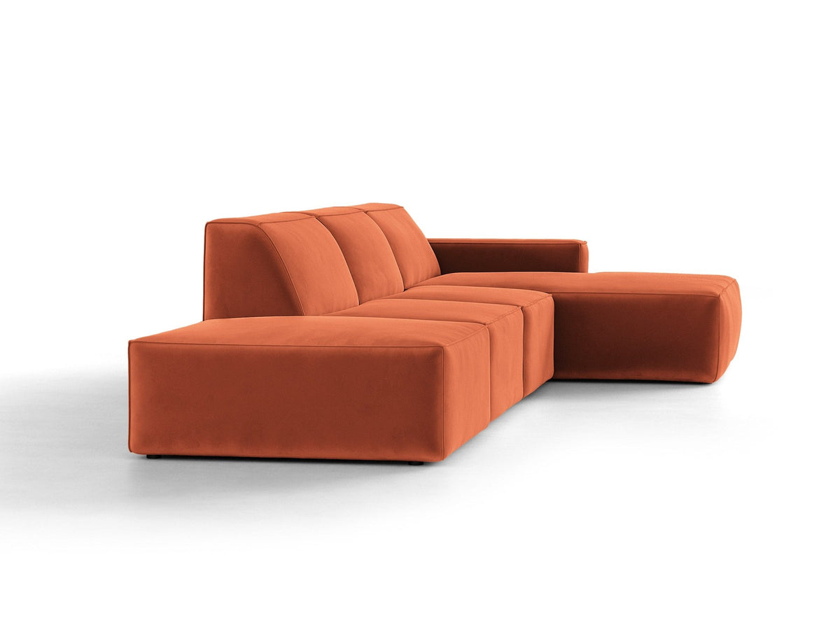 Ecksofa rechts Jodie von Micadoni in Leichtes beige mit Samtstoff-Bezug Venus, modulare Bauweise und schwarzen Kunststoffbeinen.