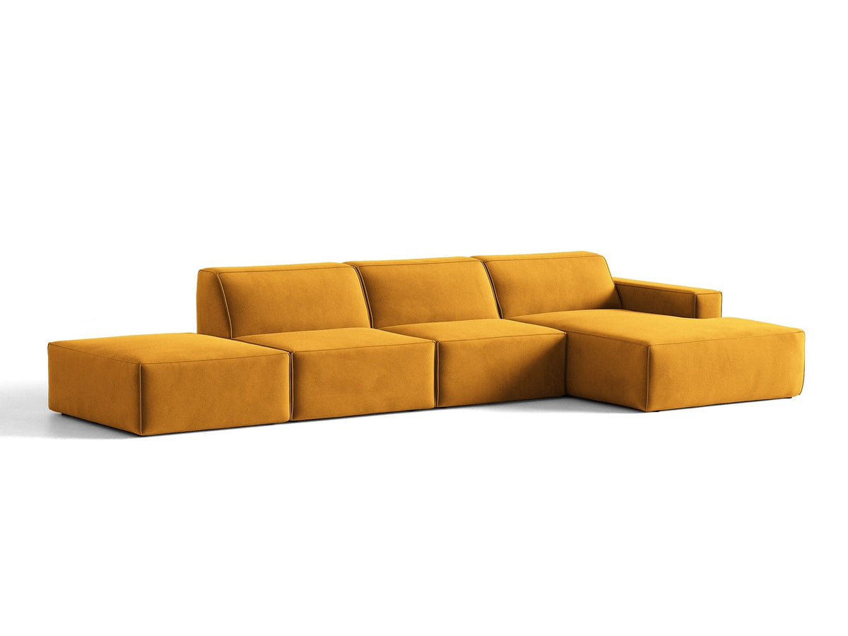 Ecksofa rechts Jodie von Micadoni in Leichtes beige mit Samtstoff-Bezug Venus, modulare Bauweise und schwarzen Kunststoffbeinen.