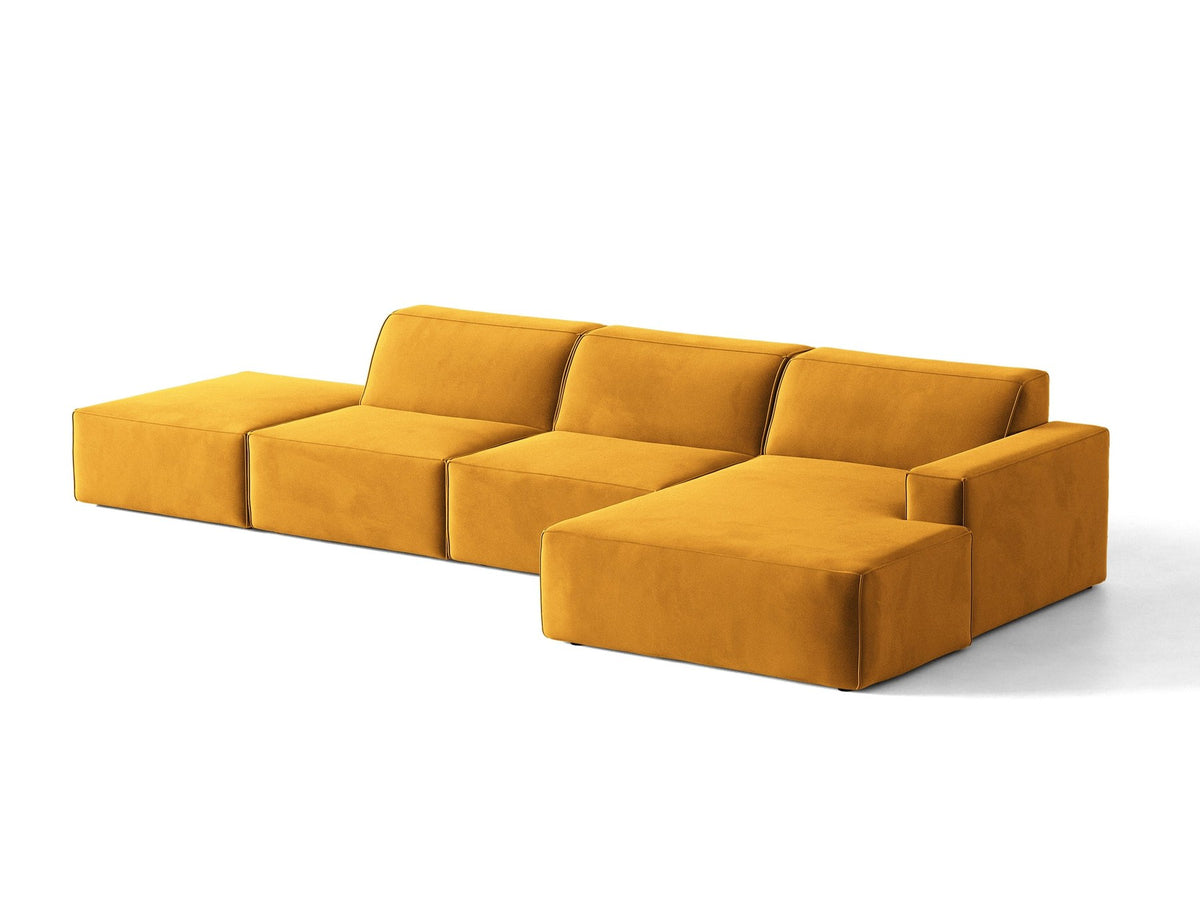 Ecksofa rechts Jodie von Micadoni in Leichtes beige mit Samtstoff-Bezug Venus, modulare Bauweise und schwarzen Kunststoffbeinen.