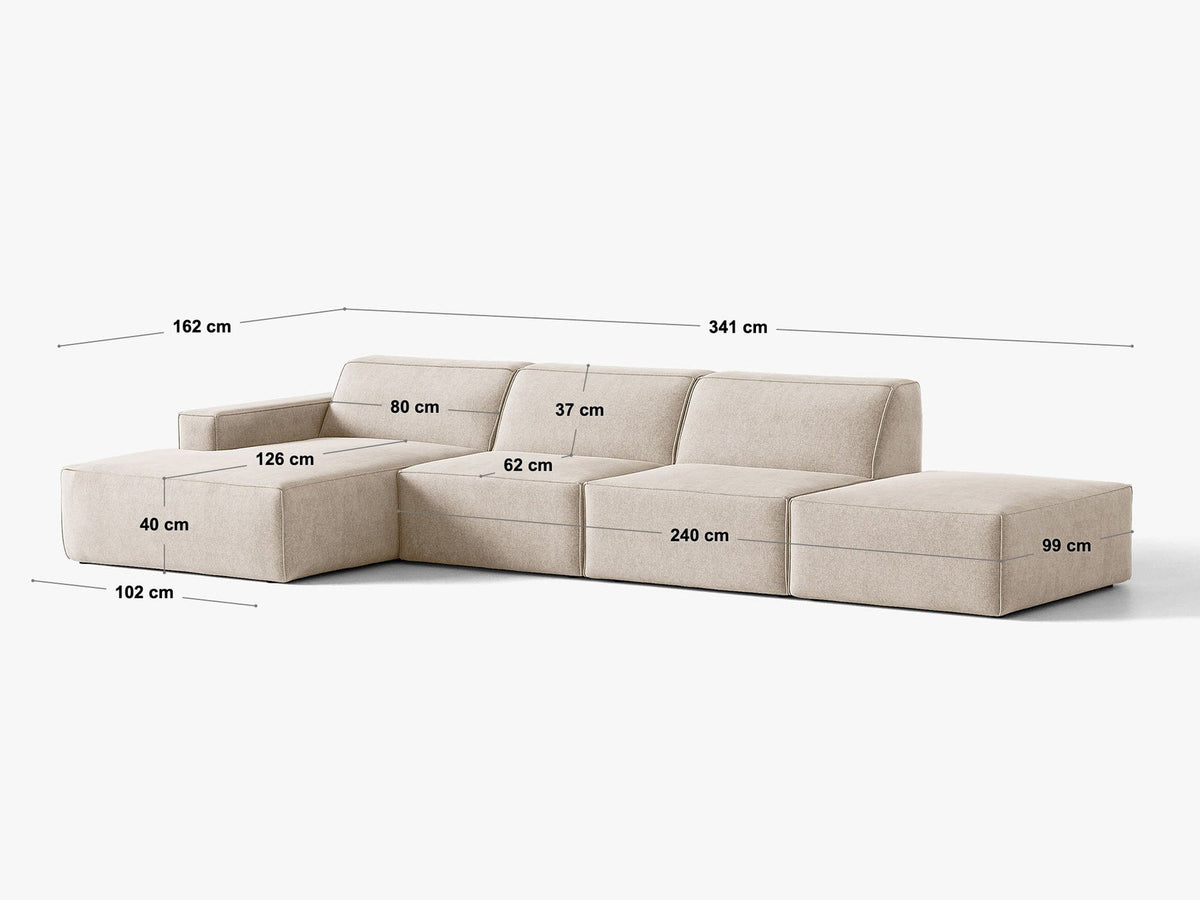 Ecksofa rechts Jodie von Micadoni in Leichtes beige mit Samtstoff-Bezug Venus, modulare Bauweise und schwarzen Kunststoffbeinen.