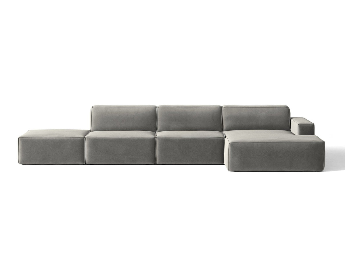 Ecksofa rechts Jodie von Micadoni in Leichtes beige mit Samtstoff-Bezug Venus, modulare Bauweise und schwarzen Kunststoffbeinen.