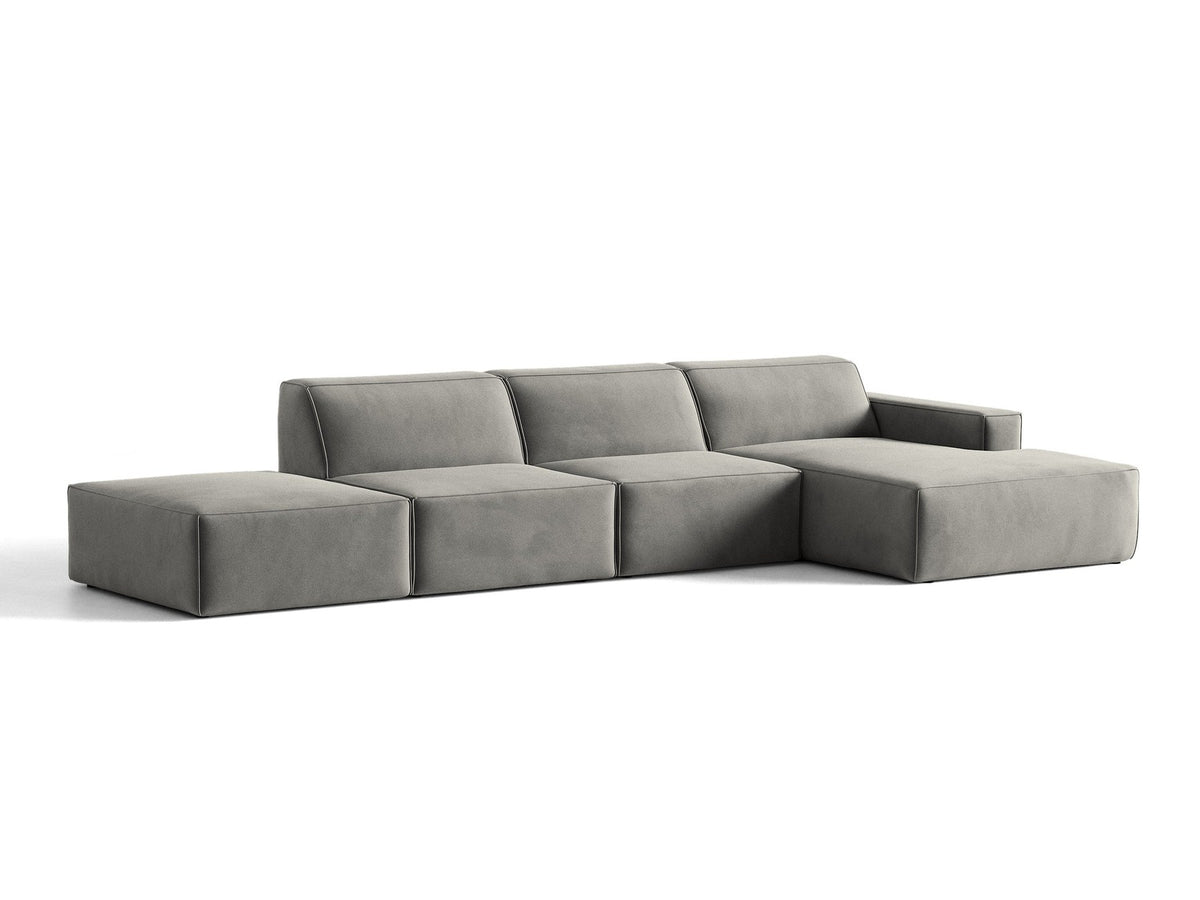 Ecksofa rechts Jodie von Micadoni in Leichtes beige mit Samtstoff-Bezug Venus, modulare Bauweise und schwarzen Kunststoffbeinen.