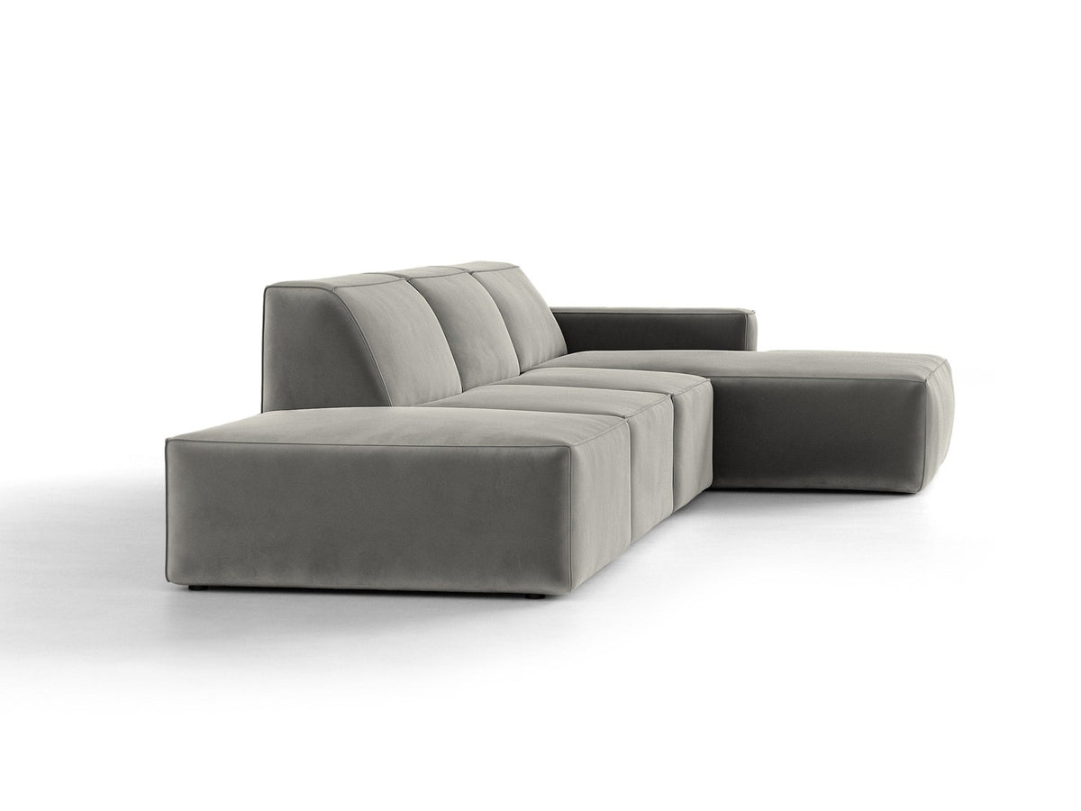 Ecksofa rechts Jodie von Micadoni in Leichtes beige mit Samtstoff-Bezug Venus, modulare Bauweise und schwarzen Kunststoffbeinen.