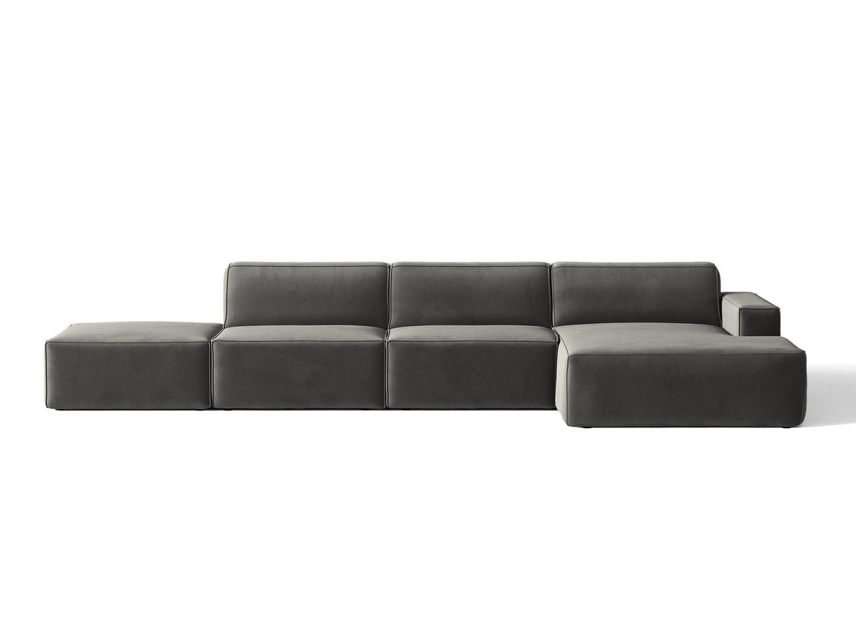 Ecksofa rechts Jodie von Micadoni in Leichtes beige mit Samtstoff-Bezug Venus, modulare Bauweise und schwarzen Kunststoffbeinen.