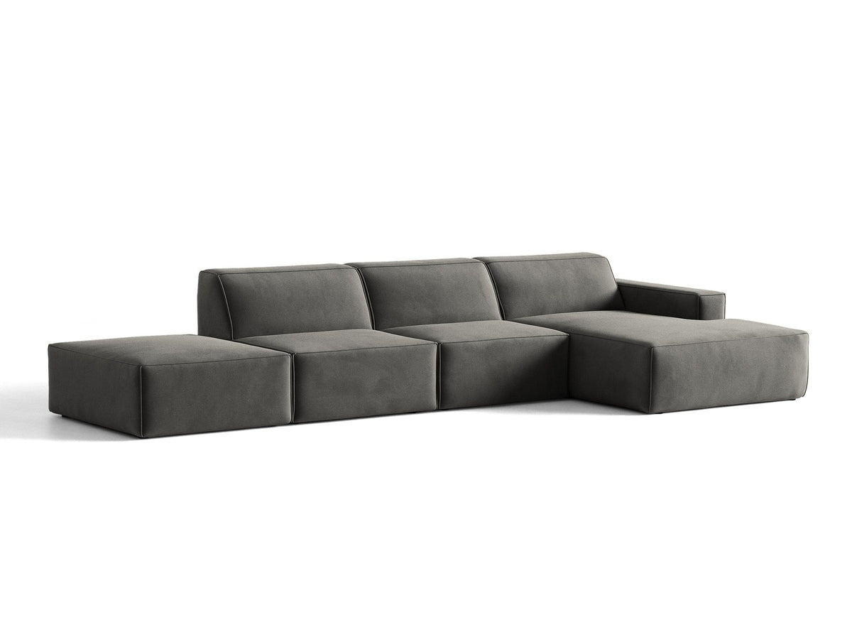 Ecksofa rechts Jodie von Micadoni in Leichtes beige mit Samtstoff-Bezug Venus, modulare Bauweise und schwarzen Kunststoffbeinen.