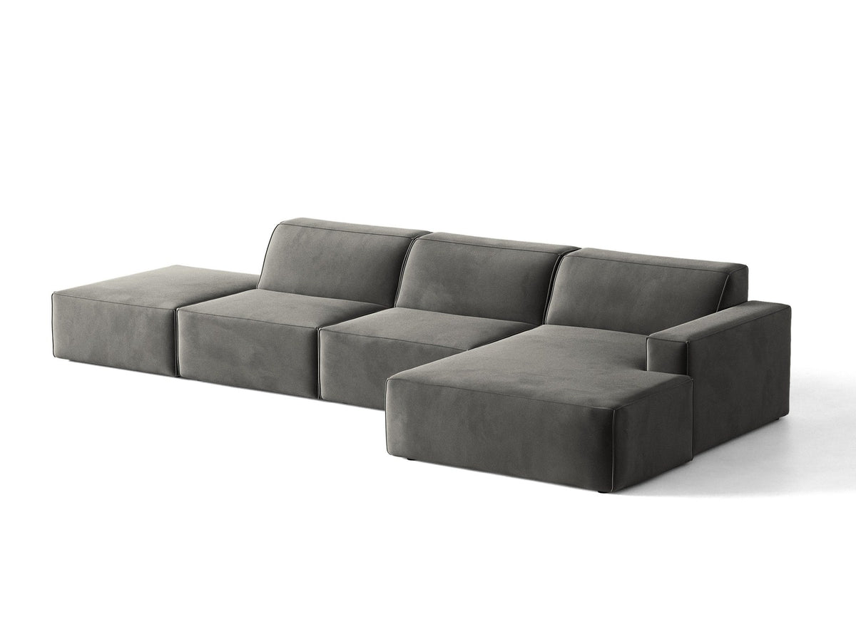 Ecksofa rechts Jodie von Micadoni in Leichtes beige mit Samtstoff-Bezug Venus, modulare Bauweise und schwarzen Kunststoffbeinen.