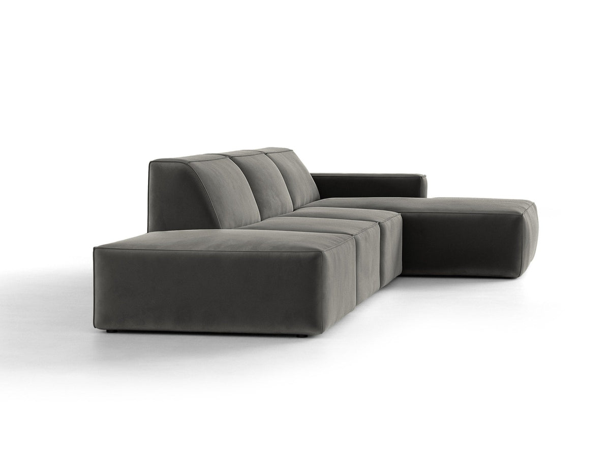 Ecksofa rechts Jodie von Micadoni in Leichtes beige mit Samtstoff-Bezug Venus, modulare Bauweise und schwarzen Kunststoffbeinen.
