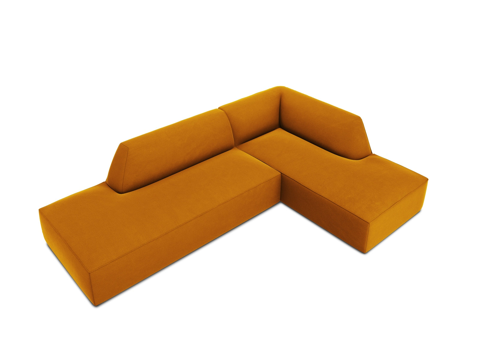 Elegantes Ruby Velour Ecksofa mit offener rechter Seite, perfekt für gesellige Abende. Bietet komfortable Sitzgelegenheit für bis zu vier Personen.
