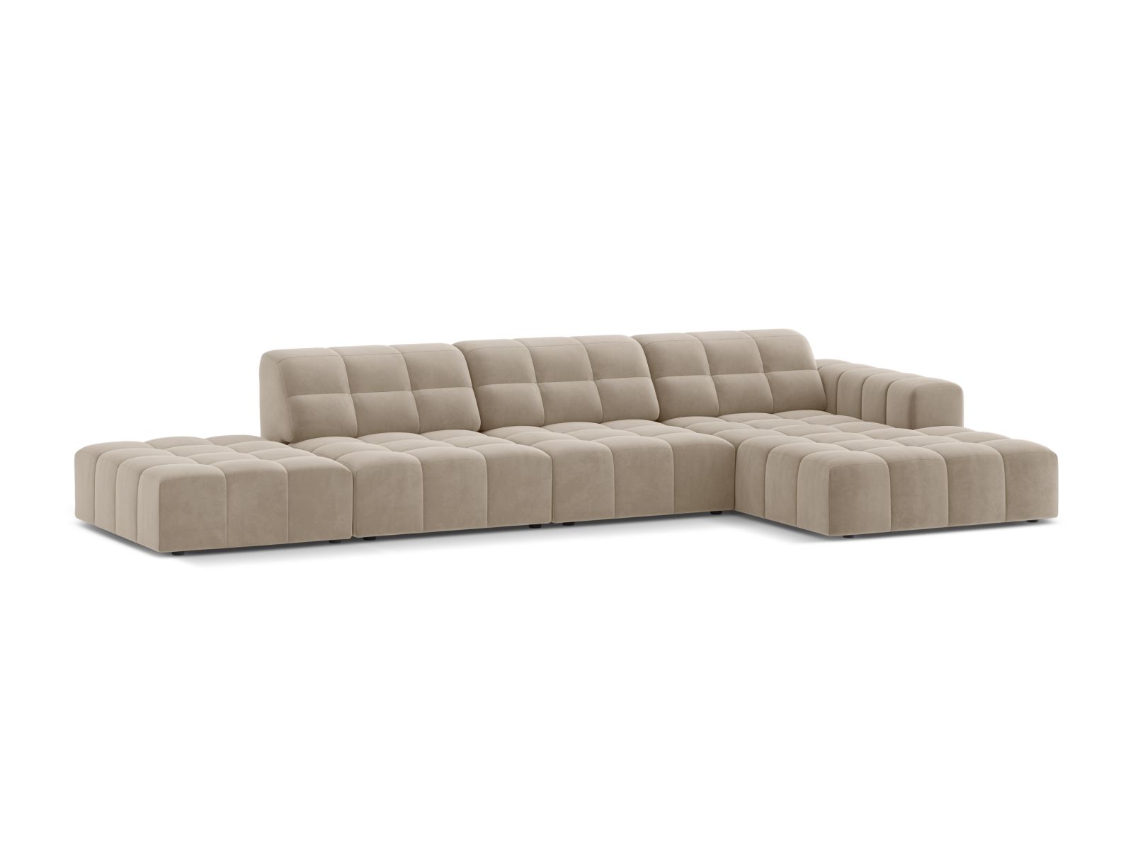 Elegantes 5-Sitzer Ecksofa Jennifer in stilvollem Dark Beige-Bluvel, ideal für moderne Wohnräume, erhältlich bei KAQTU Design AG.