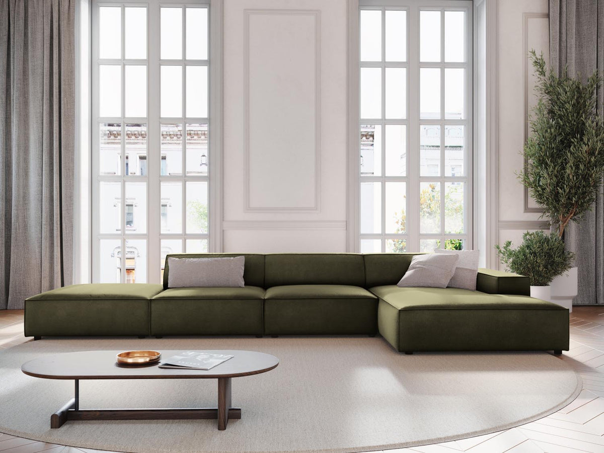 Jodie Velour modulares Ecksofa rechts 5 Sitzer in Green-Bluvel präsentiert im Onlineshop von KAQTU Design AG. L-Sofa rechts ist von Micadoni