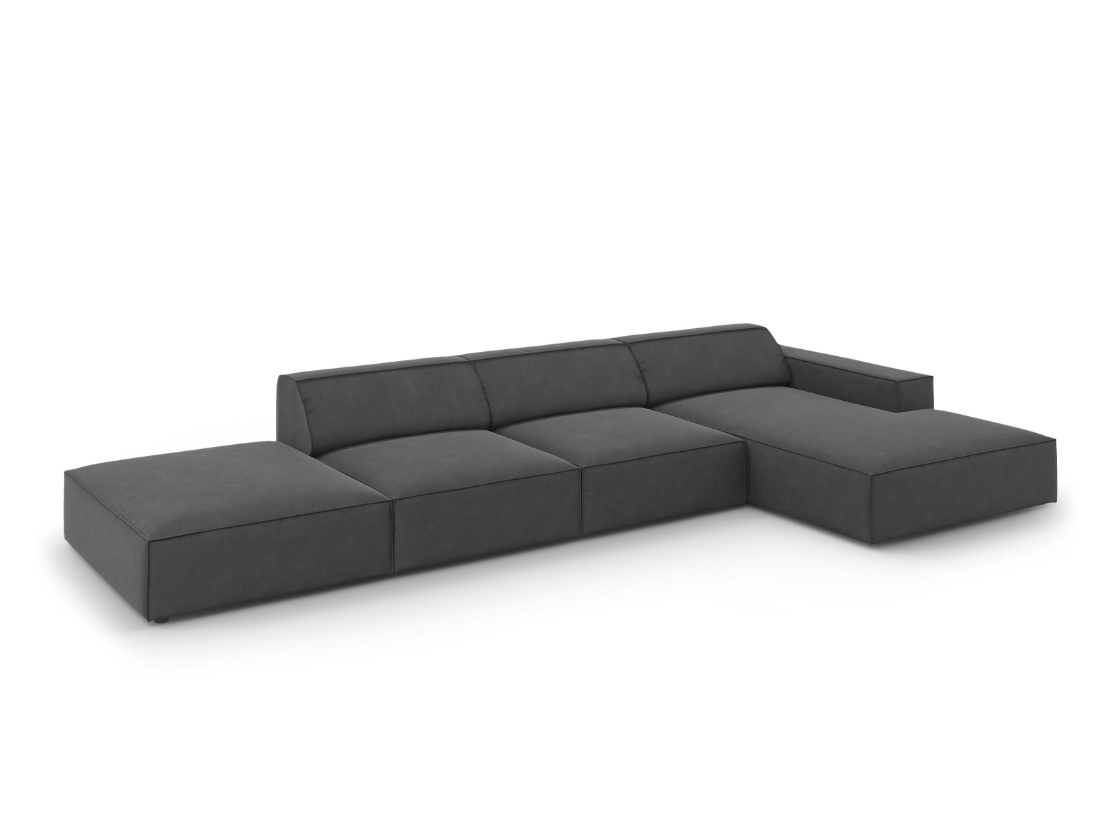 Modulares Jodie Velour Ecksofa in Grau-Blau, 5-Sitzer, perfekt für gemütliche Wohnzimmer, vereint Komfort und modernes Design.