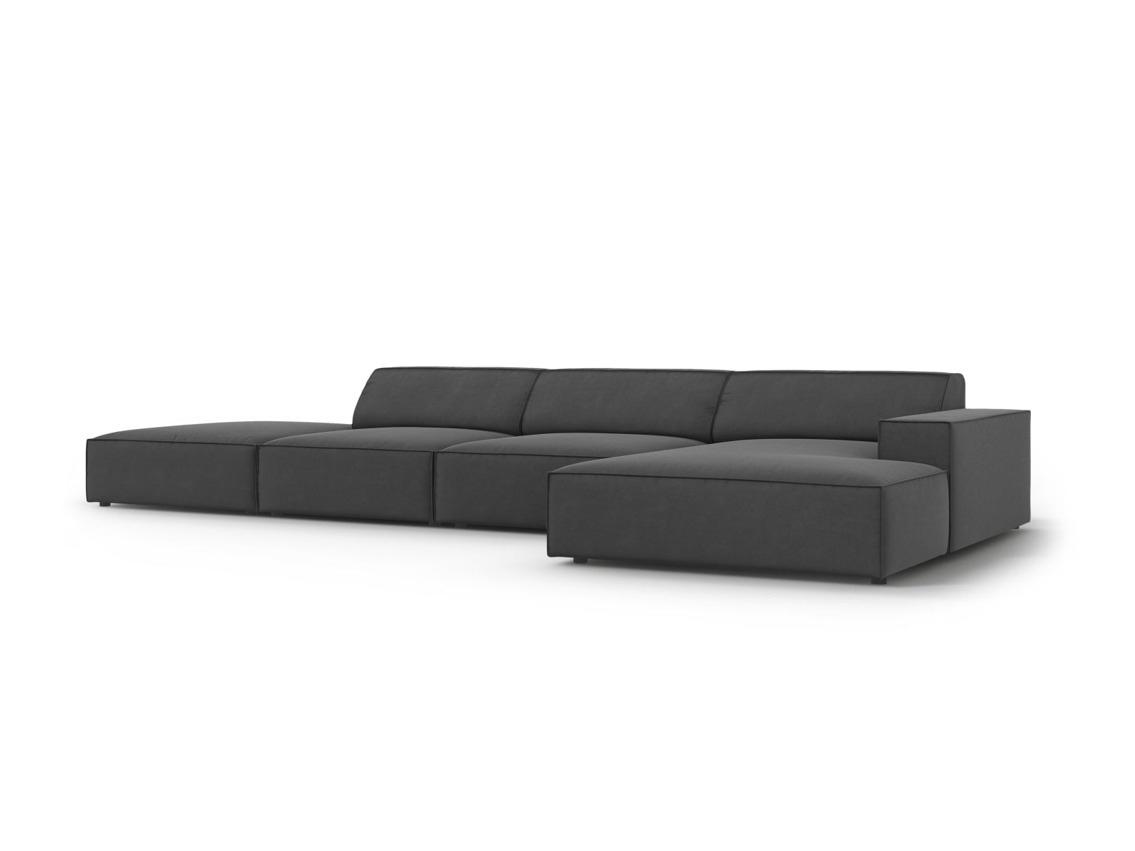 Elegantes, modulares Ecksofa Jodie Velour in Grau-Blau, 5-Sitzer, ideal für stilvolle Wohnräume und entspannte Abende.