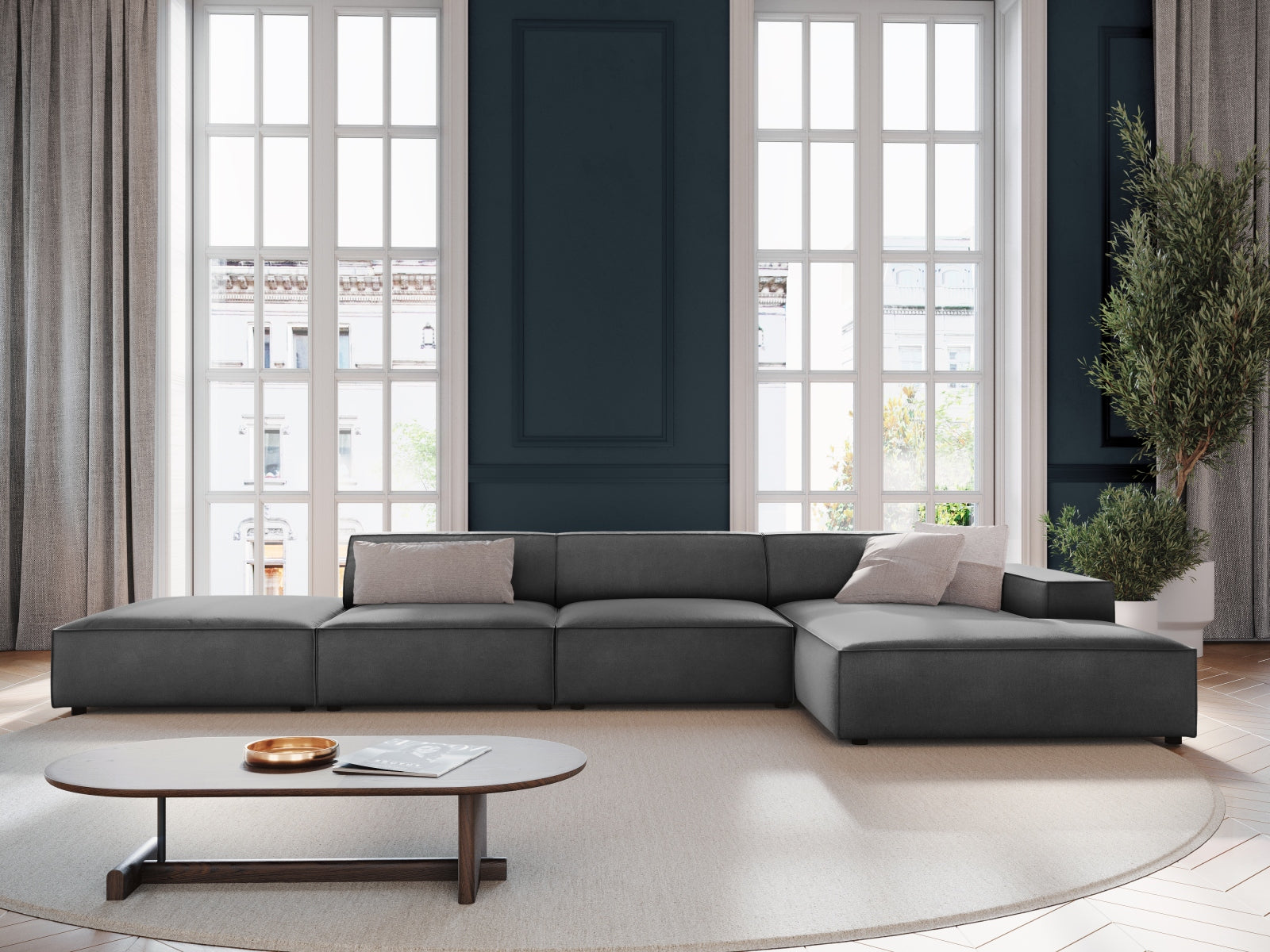 Entdecken Sie das Jodie Velour Ecksofa rechts 5 Sitzer von Micadoni – stilvoll, modular und perfekt für Ihr modernes Wohnzimmer.