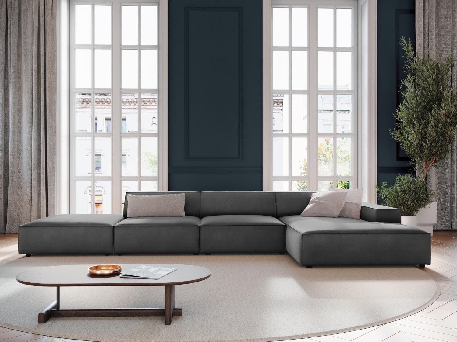 Elegantes Jodie Velour Ecksofa in Grau-Blau, 5-Sitzer, ideal für stilvolle Wohnräume, präsentiert in modernem Ambiente.
