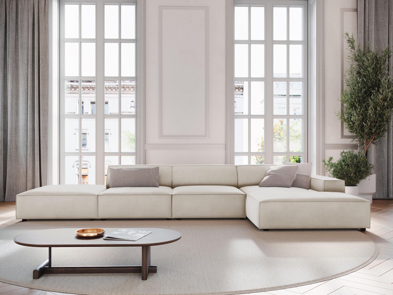 Elegantes Jodie Velour Ecksofa in Dark Beige, 5-Sitzer, ideal für stilvolle Wohnräume, präsentiert in einem modernen Ambiente.