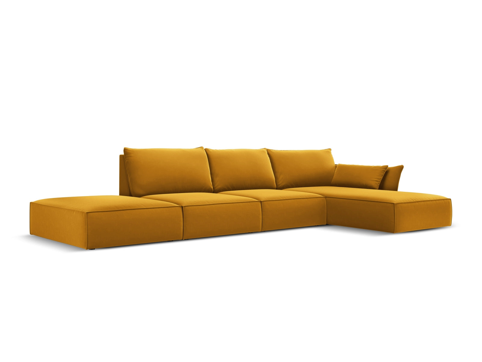 Elegantes Kaelle Velour Ecksofa in Gelb-Blau, 5-Sitzer, ideal für stilvolle Wohnräume, erhältlich bei KAQTU Design AG.
