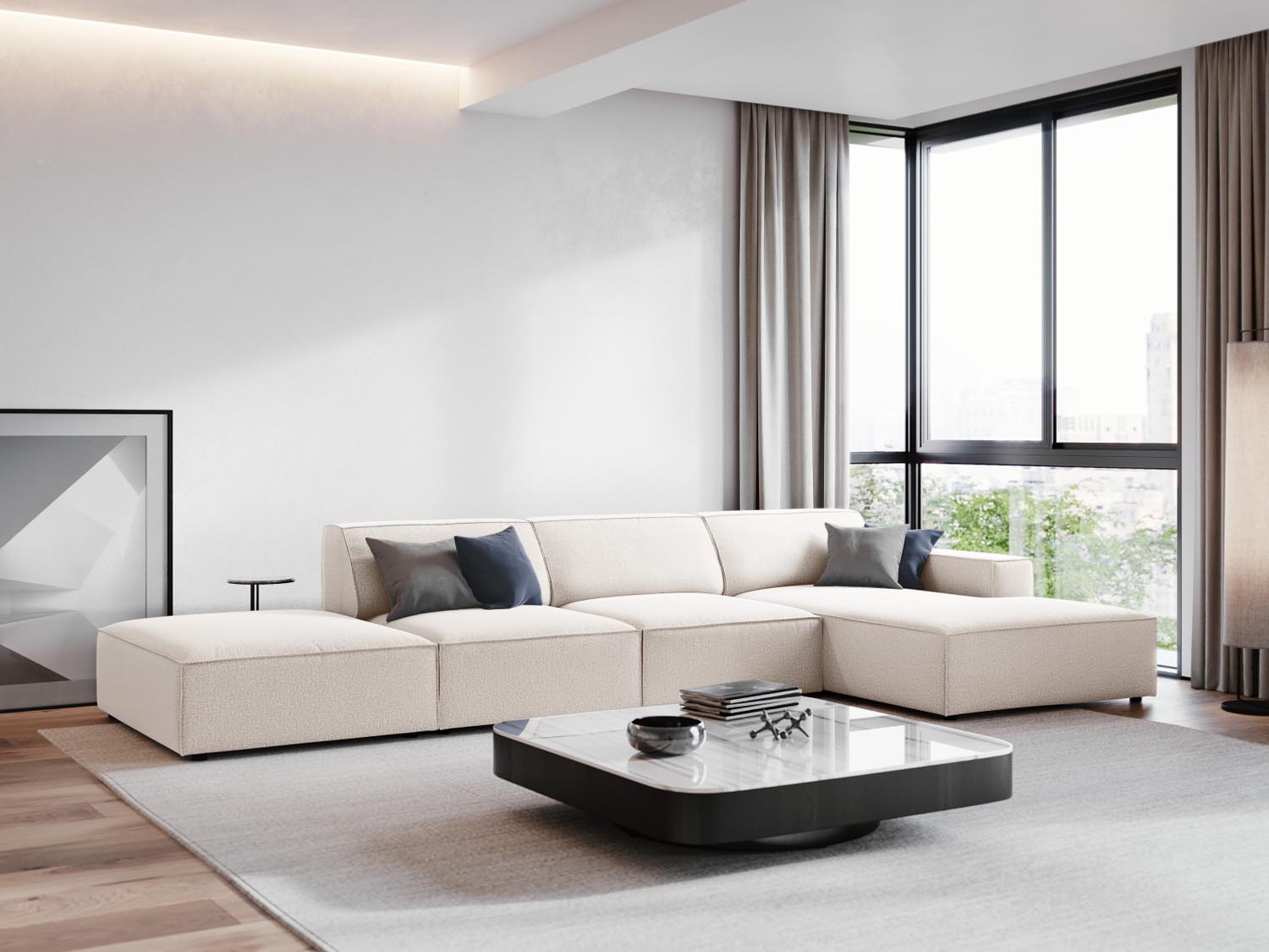 Elegantes, modulares Ecksofa Jodie in hellem Beige, ideal für stilvolle Wohnräume. Komfortables 5-Sitzer-Design von Micadoni.
