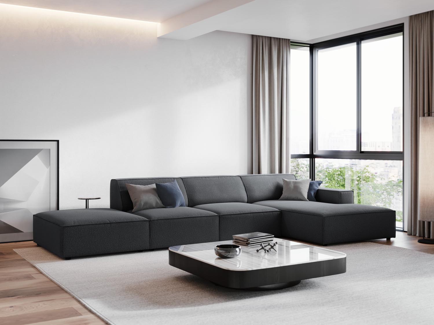 Gemütliches, modernes Jodie Ecksofa in Dunkelgrau, ideal für stilvolle Wohnräume. Perfekt als 5-Sitzer für entspannte Abende.