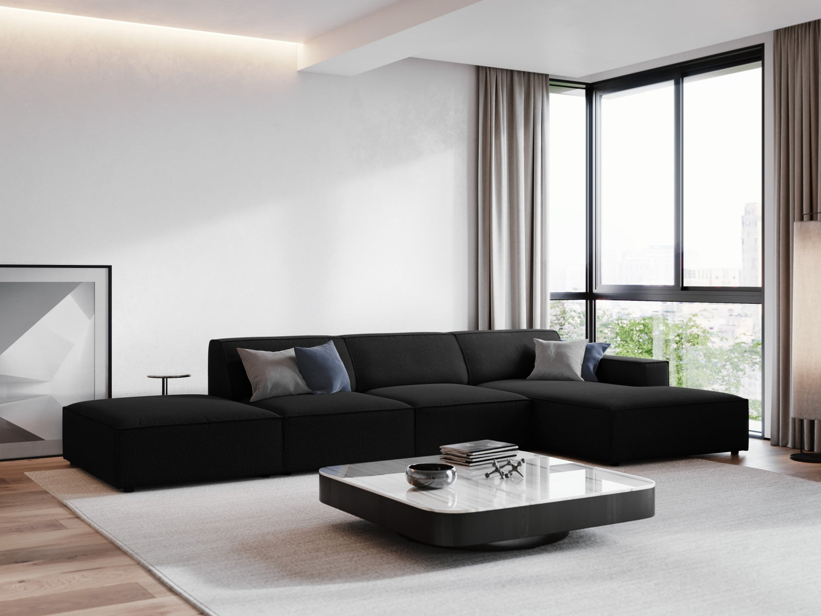 Elegantes, modulares Ecksofa Jodie in Schwarz, ideal für stilvolle Wohnräume. Komfortables 5-Sitzer-Design von Micadoni.