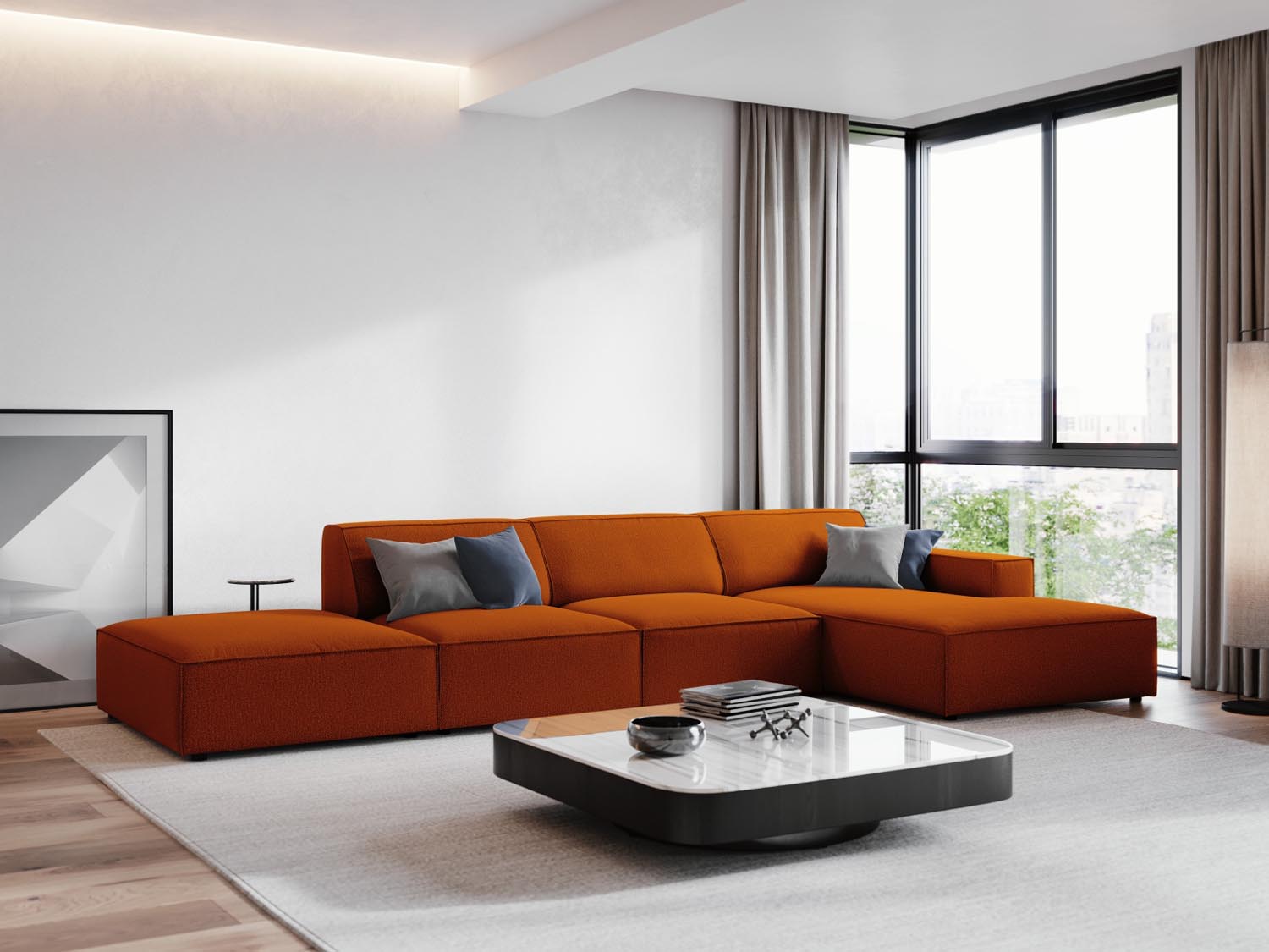 Gemütliches, modernes Jodie Ecksofa in Terracotta, ideal für stilvolle Wohnräume. Perfekt als 5-Sitzer für entspannte Abende.