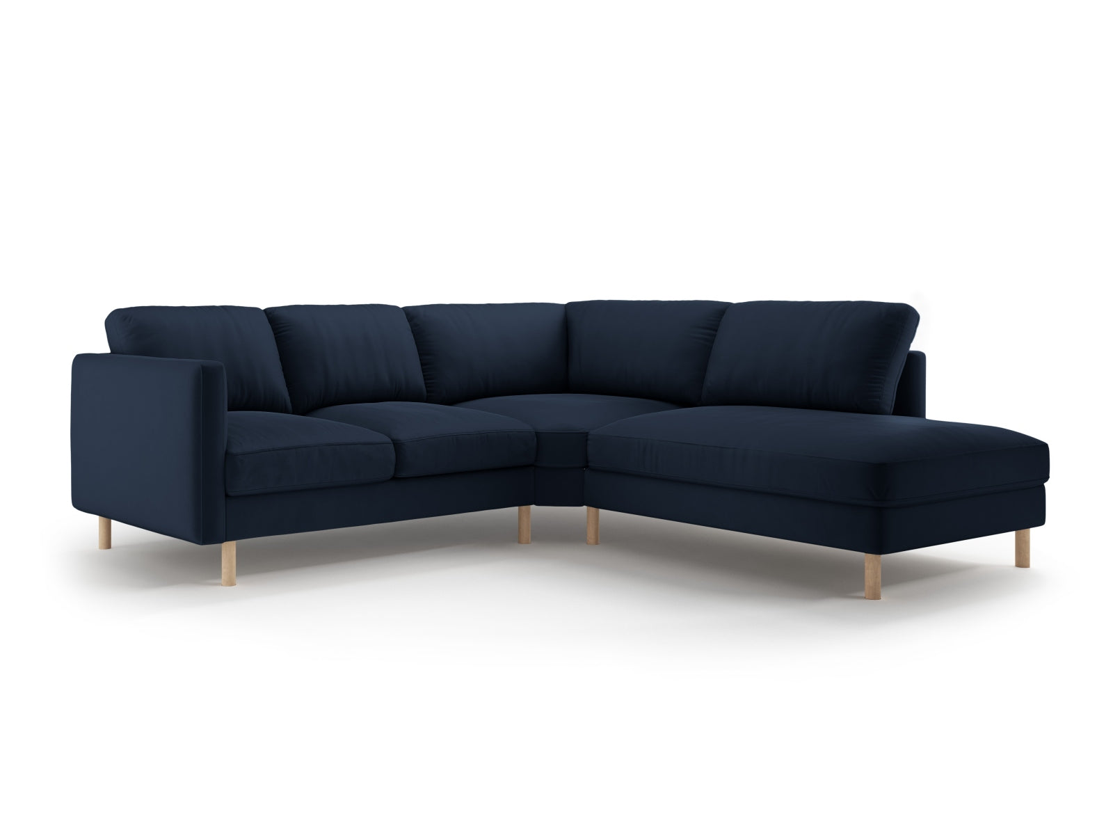 Elegantes Eden Velour Ecksofa rechts in tiefem Blau, ideal für gemütliche Abende und stilvolle Einrichtungsideen.
