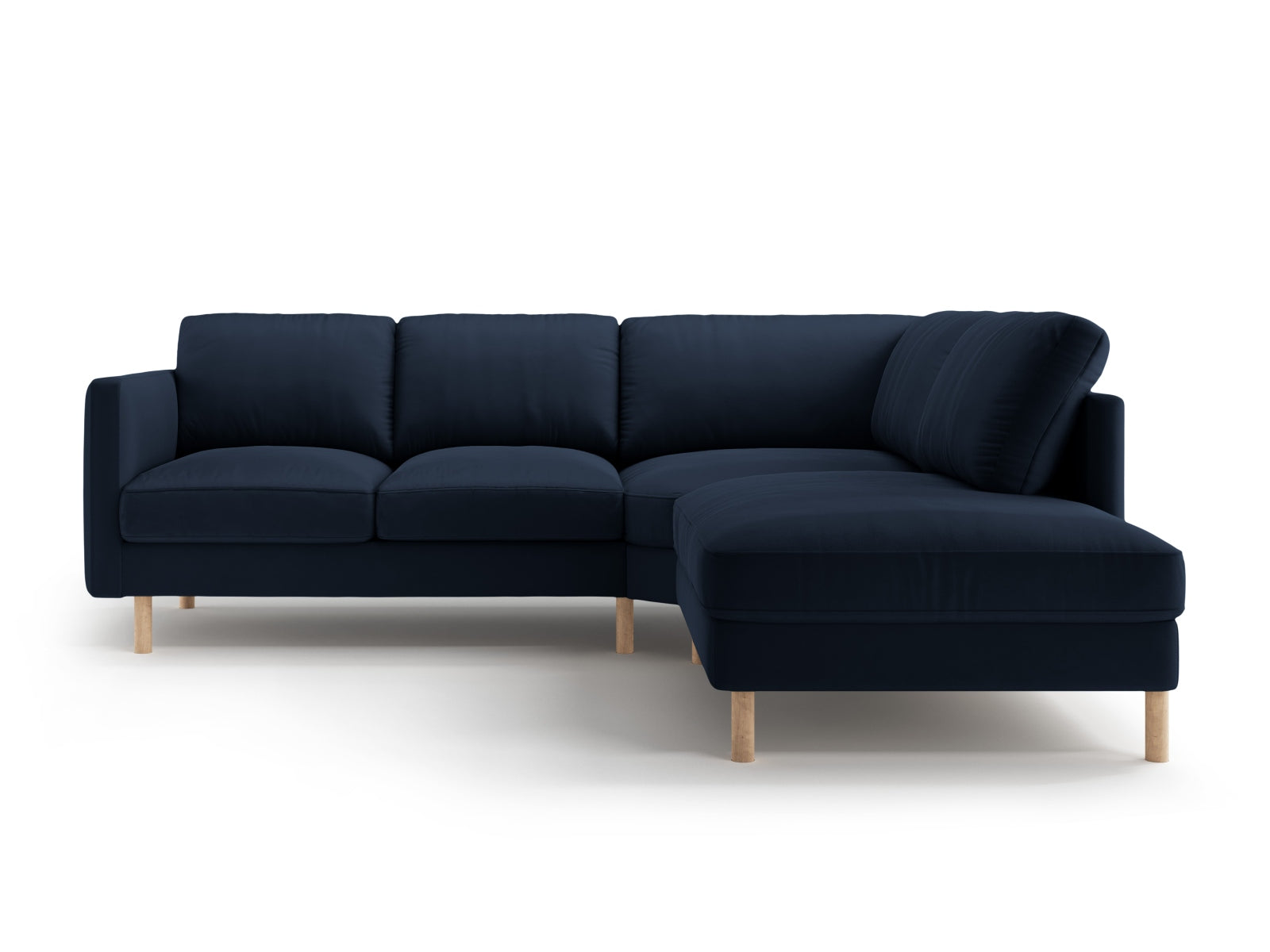 Modernes Eden Velour Ecksofa rechts in edlem Blau, perfekt für entspannte Stunden und geschmackvolle Wohnräume.